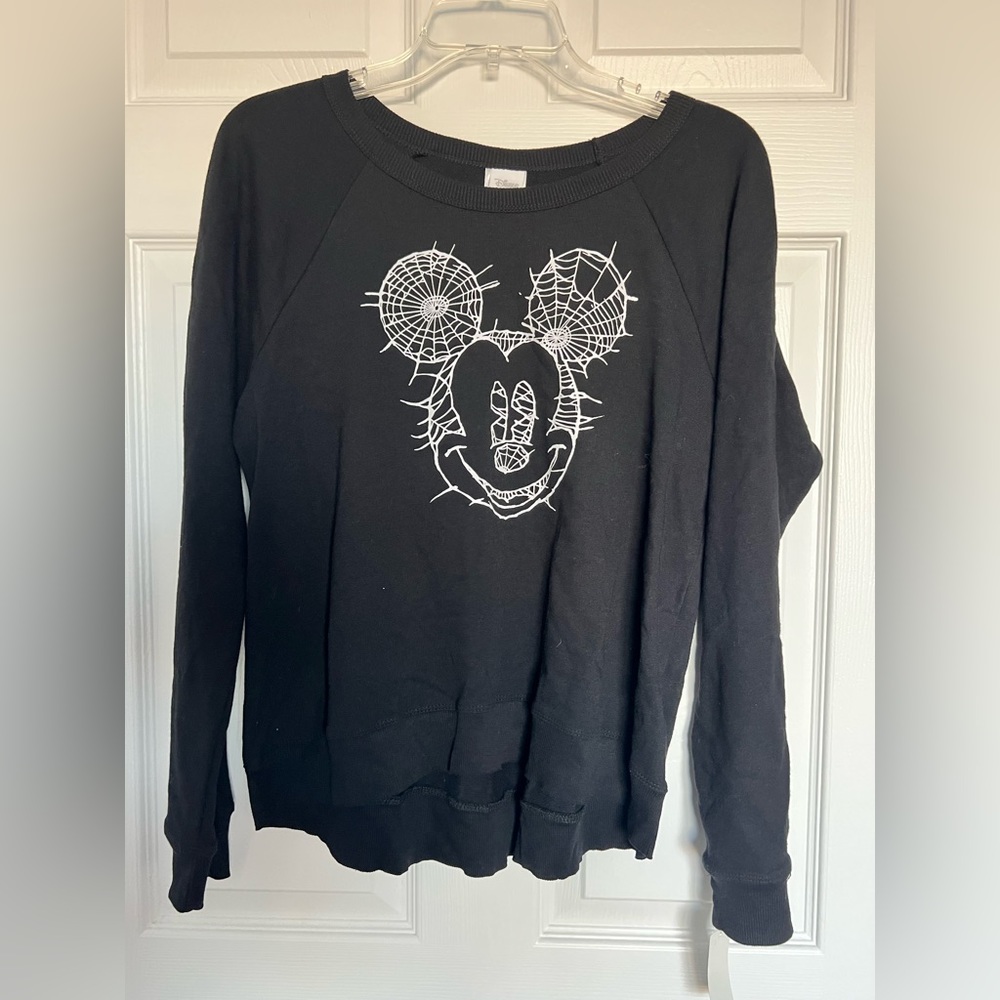 Size large juniors Disney Halloween Mickey Mouse.  Face made of spider webs.